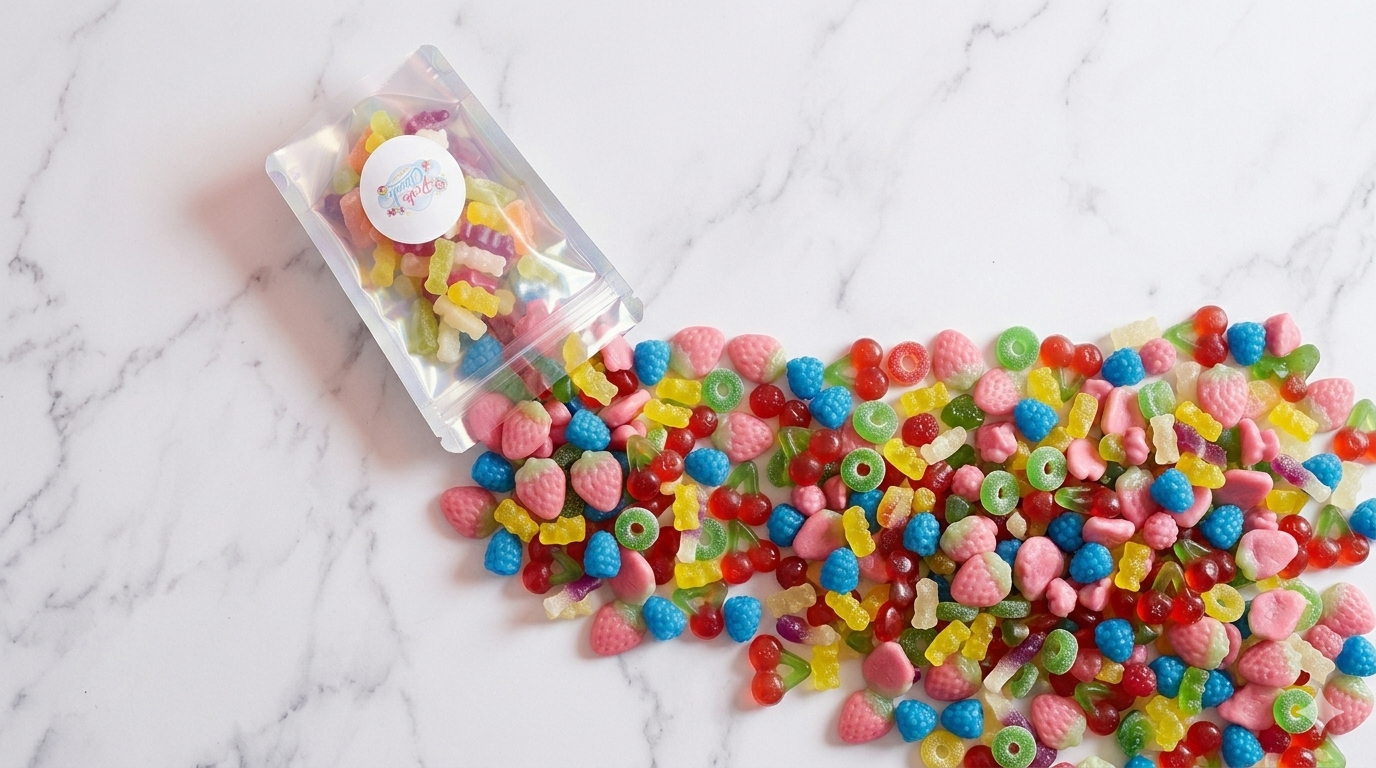 Colourful sweets spilling from a Pink Cloud pouch